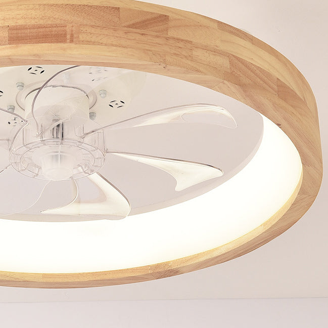Traditional Japanese Solid Wood Iron Acrylic ABS Round Hollowed LED Flush Mount Ceiling Fan Light