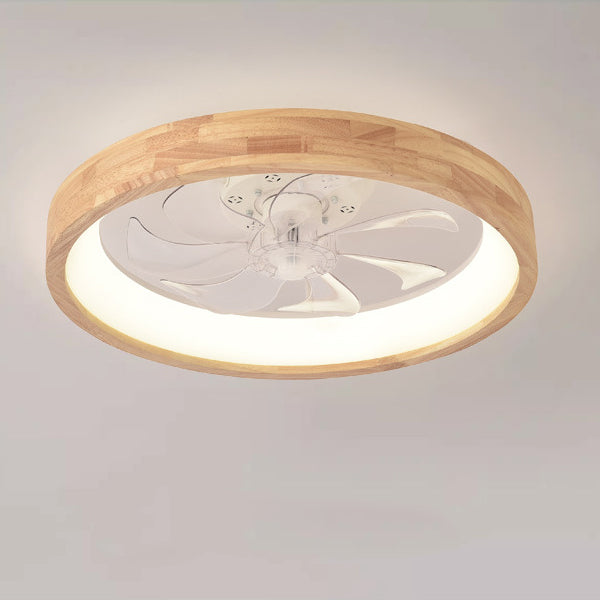 Traditional Japanese Solid Wood Iron Acrylic ABS Round Hollowed LED Flush Mount Ceiling Fan Light