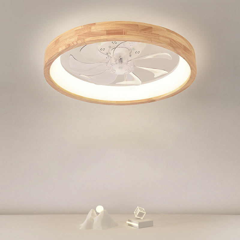 Traditional Japanese Solid Wood Iron Acrylic ABS Round Hollowed LED Flush Mount Ceiling Fan Light