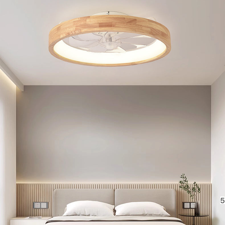 Traditional Japanese Solid Wood Iron Acrylic ABS Round Hollowed LED Flush Mount Ceiling Fan Light