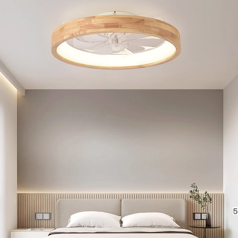 Traditional Japanese Solid Wood Iron Acrylic ABS Round Hollowed LED Flush Mount Ceiling Fan Light