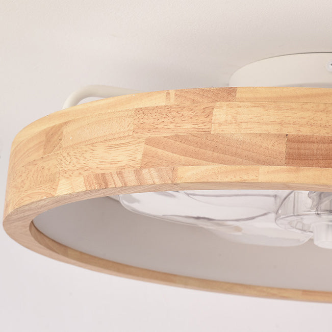 Traditional Japanese Solid Wood Iron Acrylic ABS Round Hollowed LED Flush Mount Ceiling Fan Light