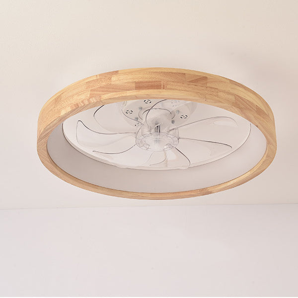 Traditional Japanese Solid Wood Iron Acrylic ABS Round Hollowed LED Flush Mount Ceiling Fan Light