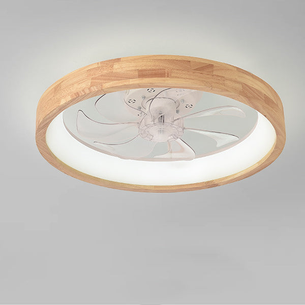 Traditional Japanese Solid Wood Iron Acrylic ABS Round Hollowed LED Flush Mount Ceiling Fan Light