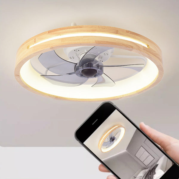 Traditional Japanese Solid Wood Iron Acrylic ABS Round Hollowed LED Flush Mount Ceiling Fan Light