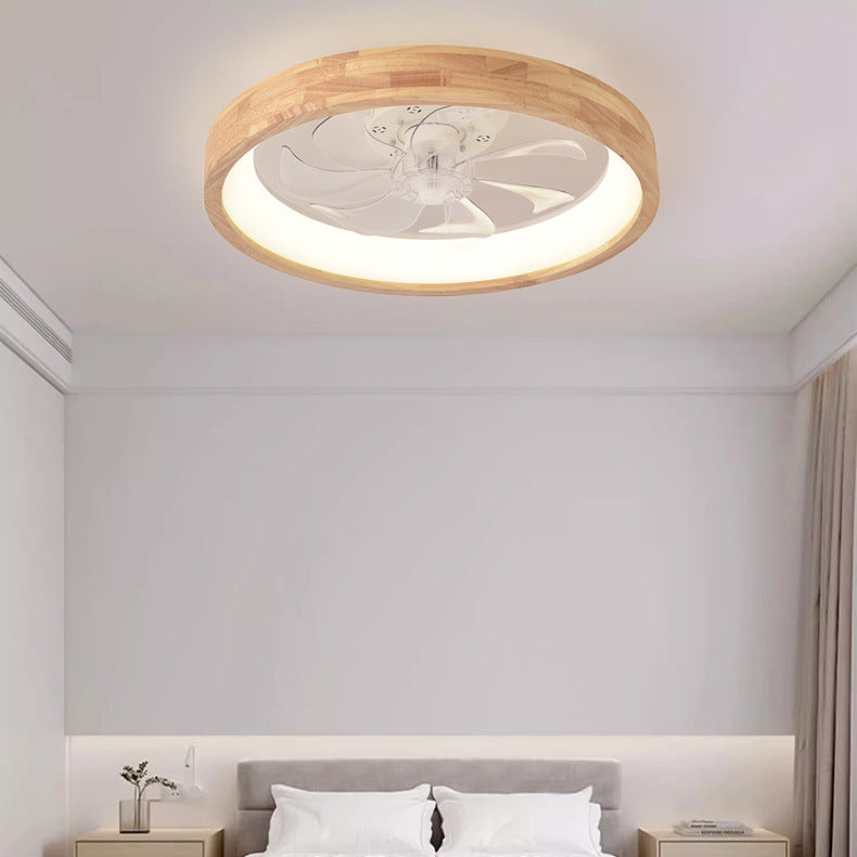 Traditional Japanese Solid Wood Iron Acrylic ABS Round Hollowed LED Flush Mount Ceiling Fan Light