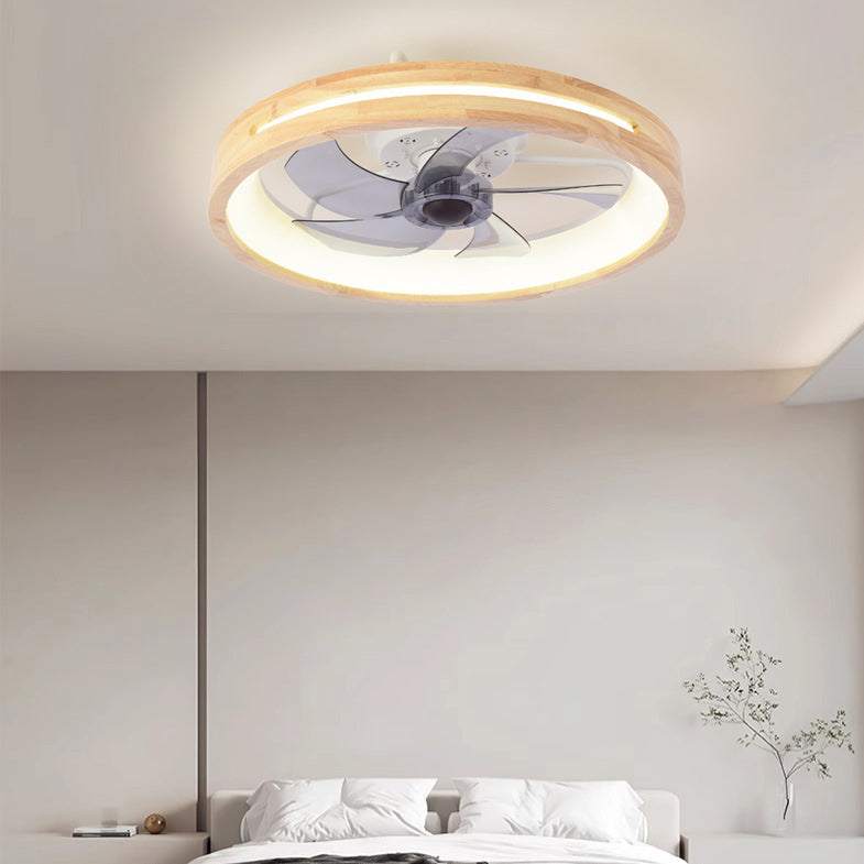 Traditional Japanese Solid Wood Iron Acrylic ABS Round Hollowed LED Flush Mount Ceiling Fan Light