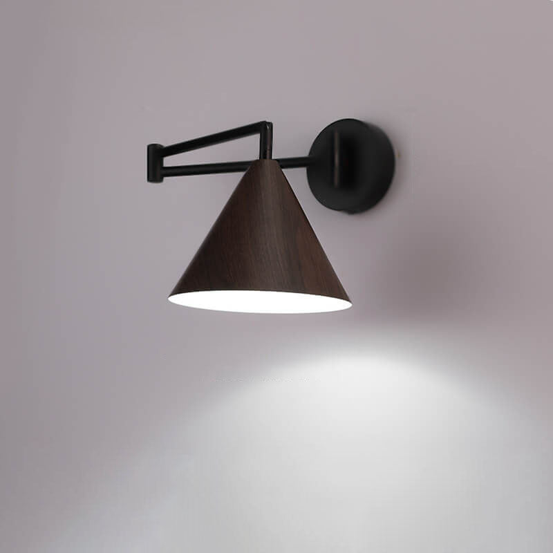 Contemporary Nordic Cone Swing Arm Wood Grain Iron 1-Light Wall Sconce Lamp