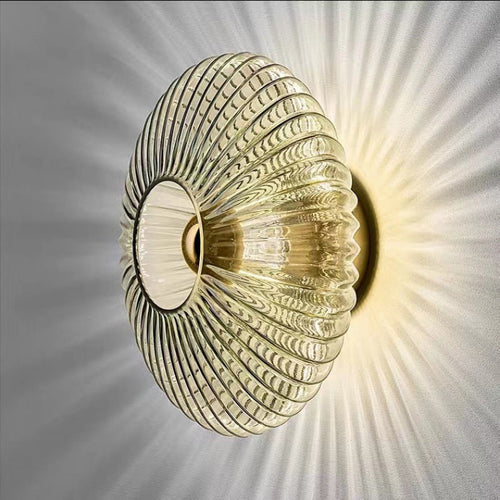 Contemporary Nordic Iron Striped Glass Round Disc 1-Light Wall Sconce Lamp