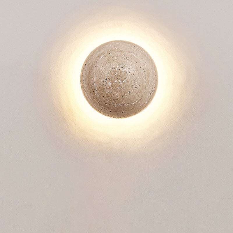 Traditional Japanese Round Yellow Travertine Wabi-Sabi LED Wall Sconce Lamp