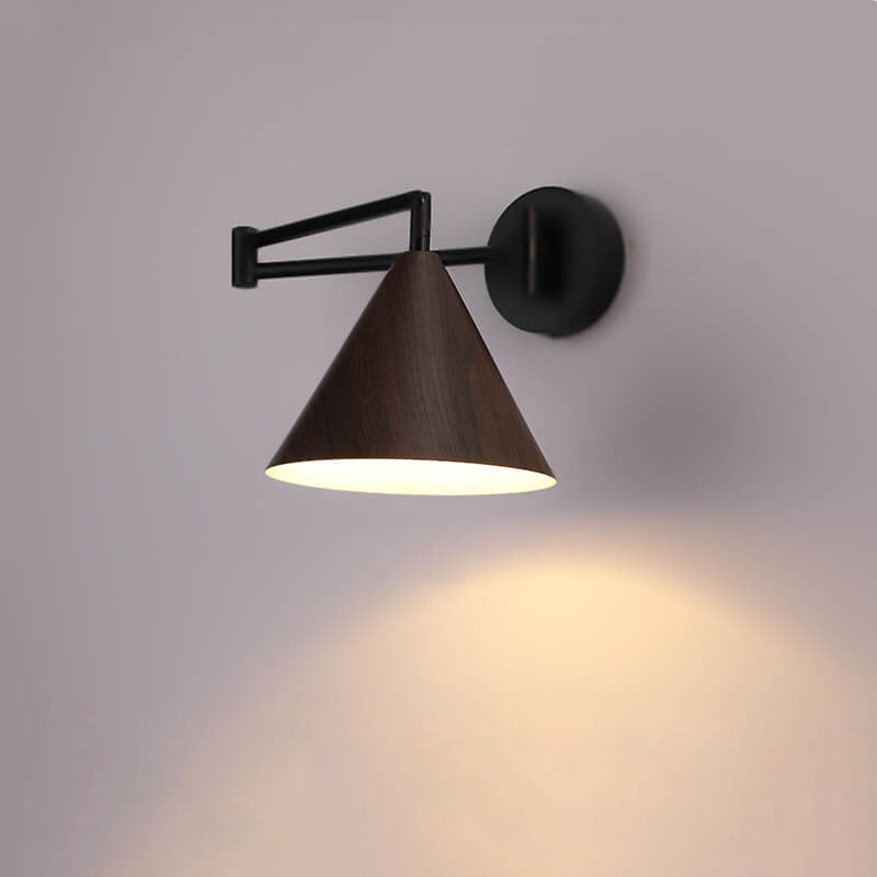 Contemporary Nordic Cone Swing Arm Wood Grain Iron 1-Light Wall Sconce Lamp