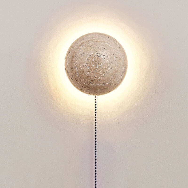 Traditional Japanese Round Yellow Travertine Wabi-Sabi LED Wall Sconce Lamp