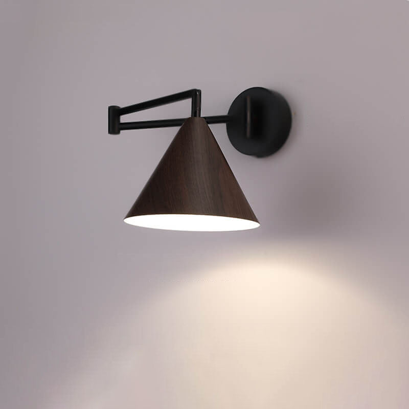 Contemporary Nordic Cone Swing Arm Wood Grain Iron 1-Light Wall Sconce Lamp