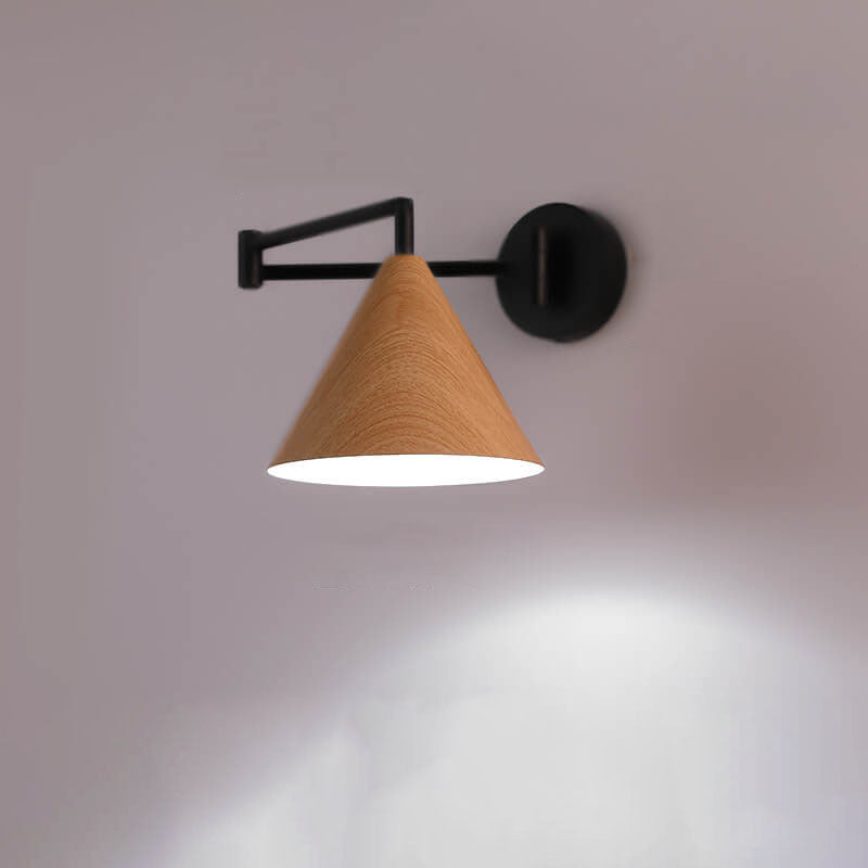 Contemporary Nordic Cone Swing Arm Wood Grain Iron 1-Light Wall Sconce Lamp