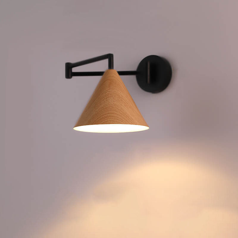 Contemporary Nordic Cone Swing Arm Wood Grain Iron 1-Light Wall Sconce Lamp