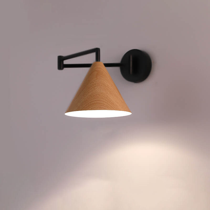 Contemporary Nordic Cone Swing Arm Wood Grain Iron 1-Light Wall Sconce Lamp