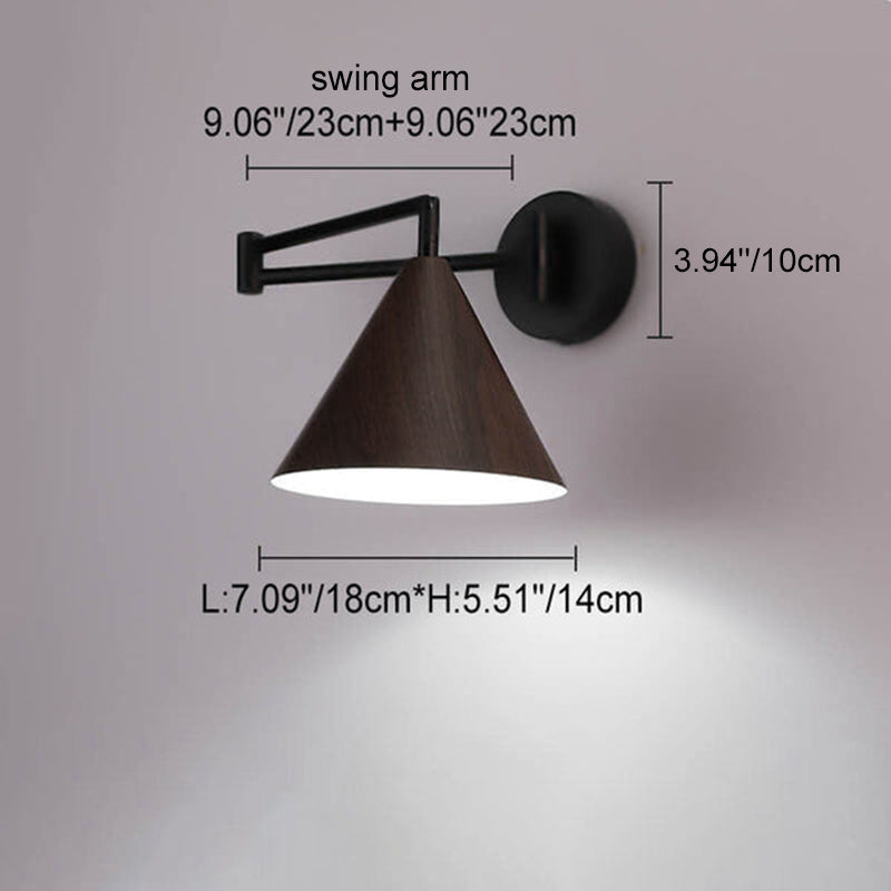 Contemporary Nordic Cone Swing Arm Wood Grain Iron 1-Light Wall Sconce Lamp