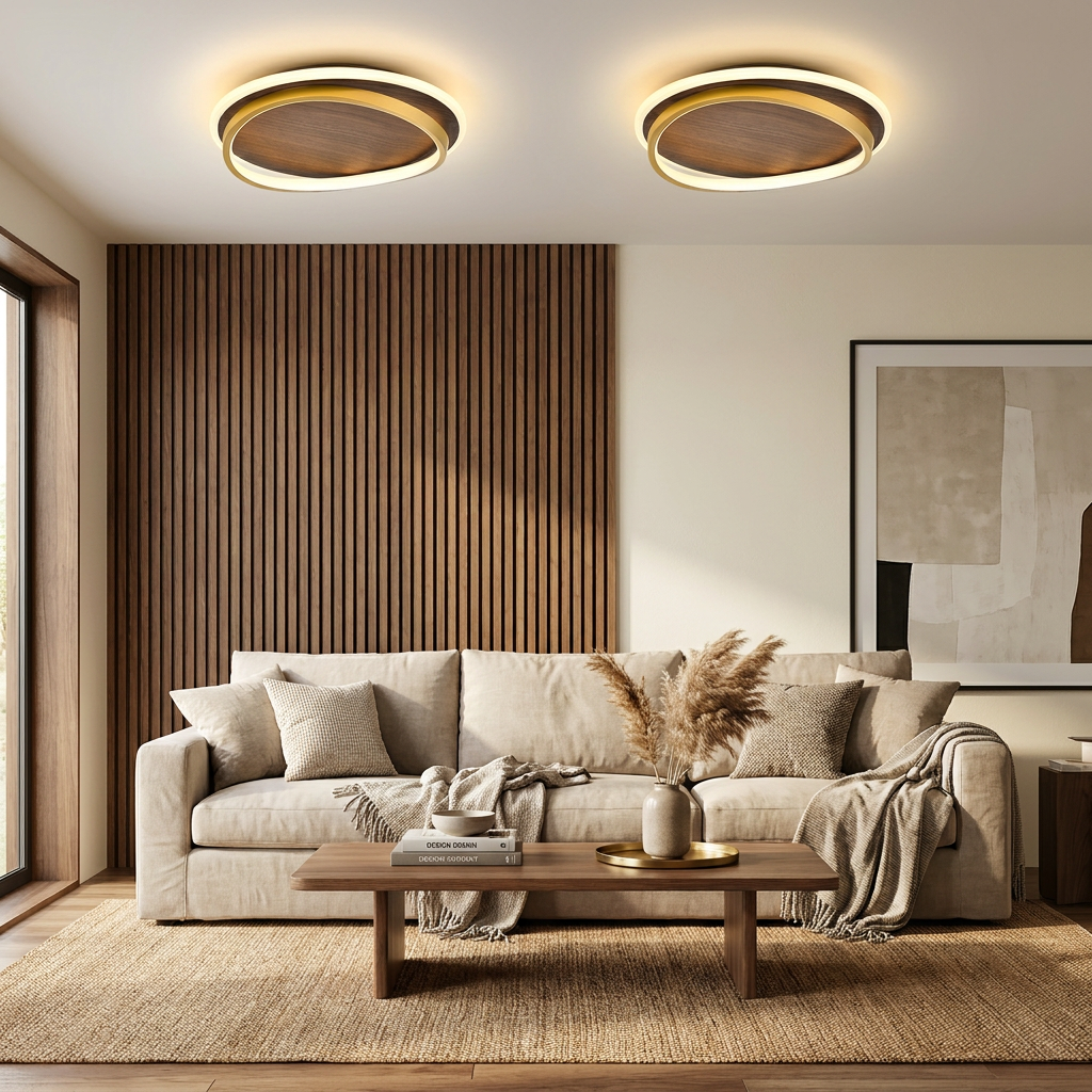 Nordic Minimalist Circular Walnut Grain LED Flush Mount Ceiling Light