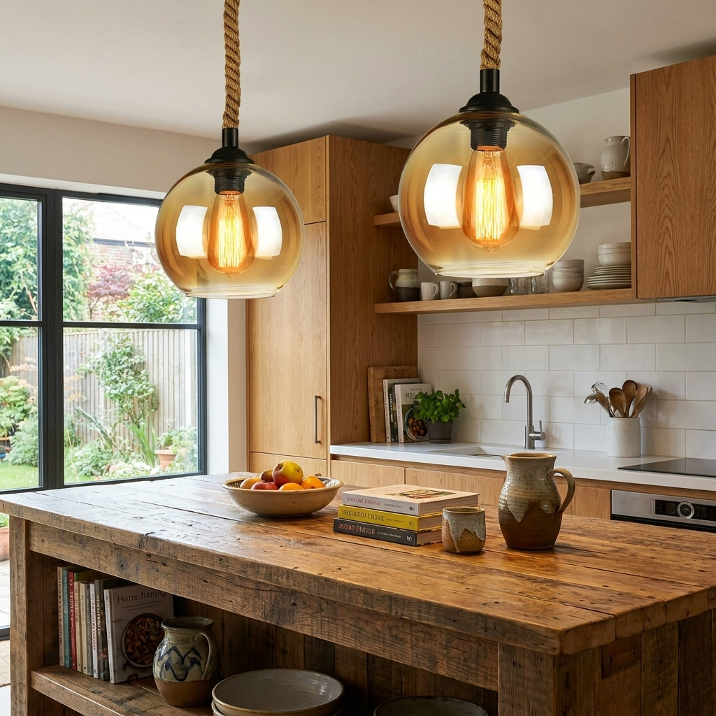 Traditional Vintage Glass Metal Rope Hanging Round 1-Light Pendant Light