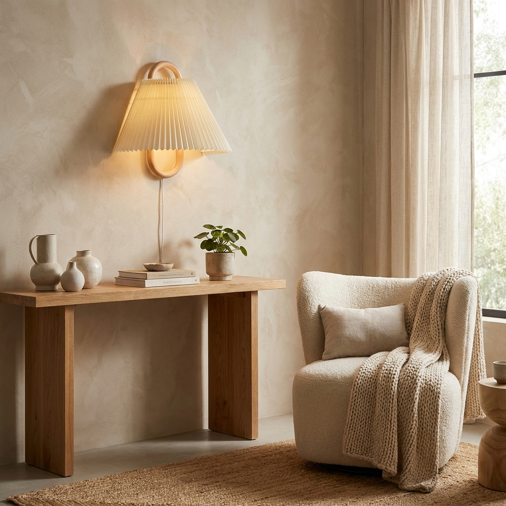 Modern Original Solid Wood Pleated Semi-Circle 1-Light Wall Sconce Lamp