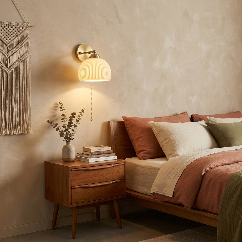 Contemporary Nordic Striped White Glass Brass 1-Light Pull Cord Wall Sconce Lamp