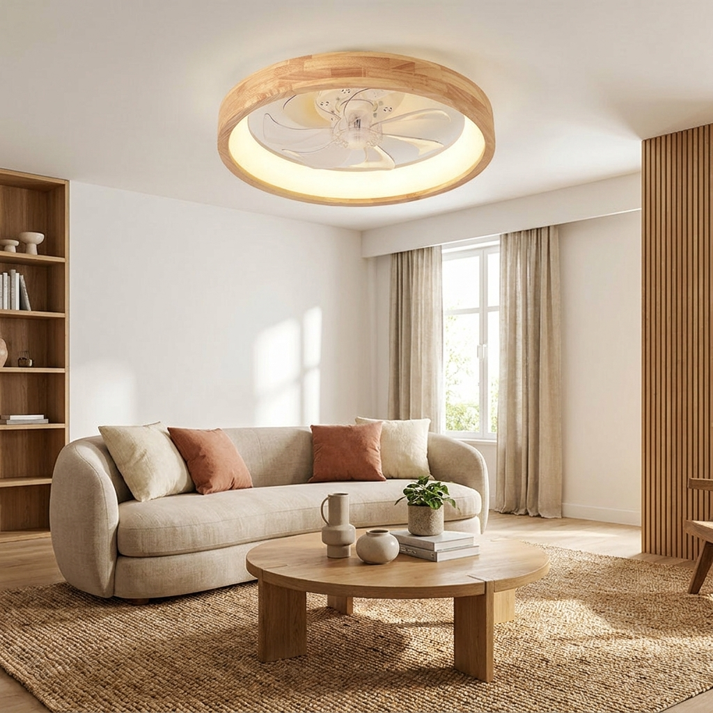 Traditional Japanese Solid Wood Iron Acrylic ABS Round Hollowed LED Flush Mount Ceiling Fan Light