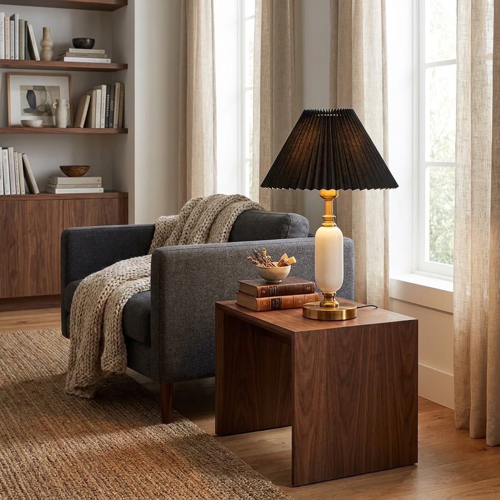 Traditional French Round Fabric PVC Metal Pleated Shade Table Lamp