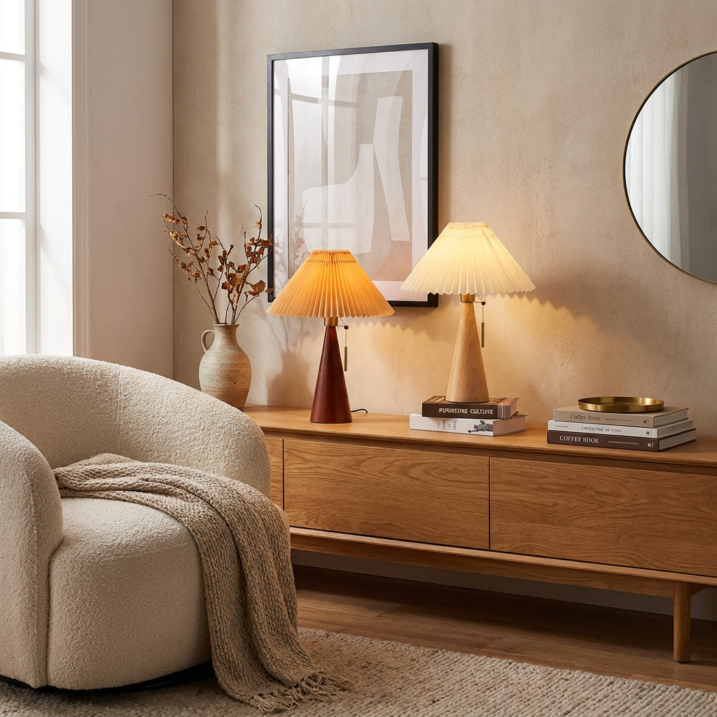Japanese Minimalist Vintage Pleated Wooden Fabric LED Table Lamp