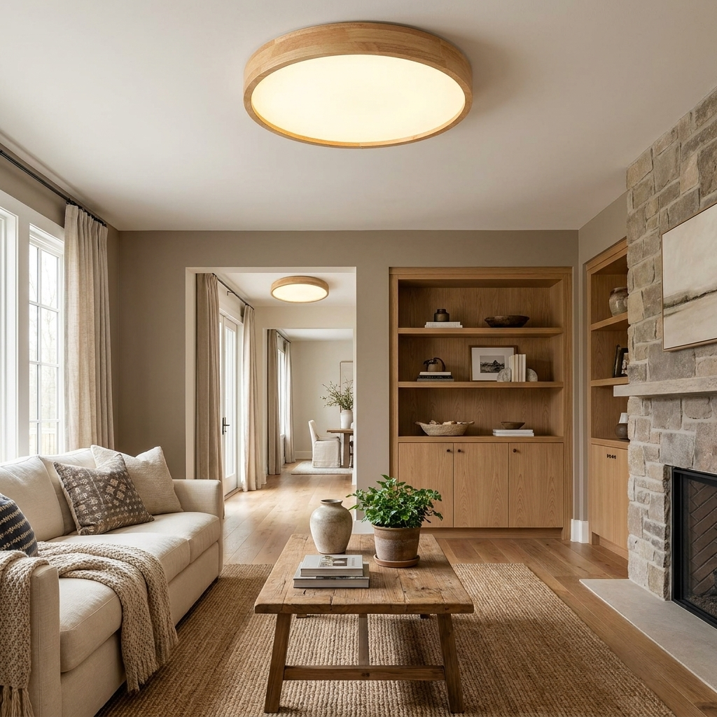 Japanese Wabi-sabi Minimalist Wood Grain Round LED Semi Flush Mount Light