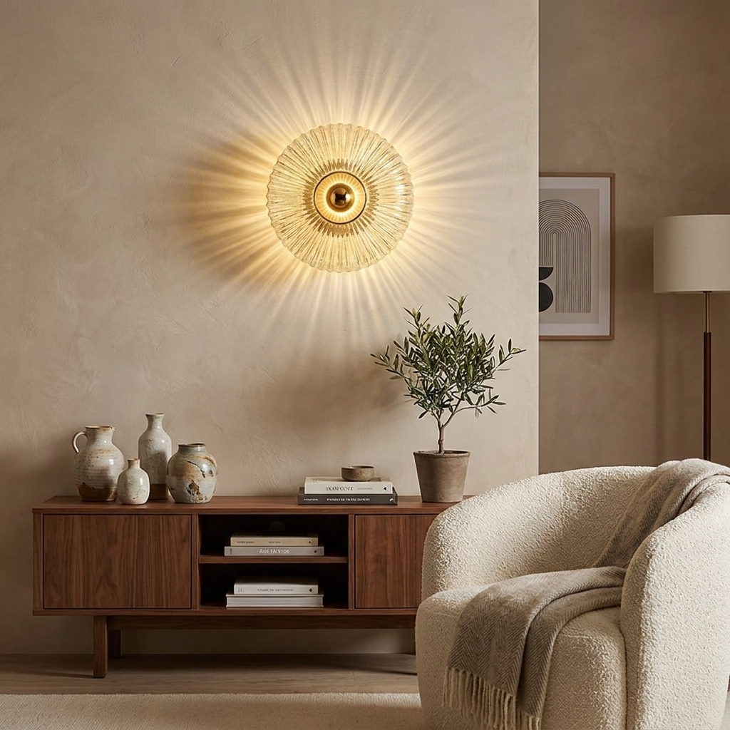 Contemporary Nordic Iron Striped Glass Round Disc 1-Light Wall Sconce Lamp