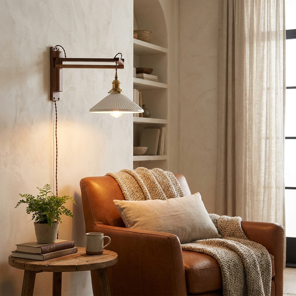 Nordic Milk White Striped Glass Walnut Retractable 1-Light Wall Sconce Lamp