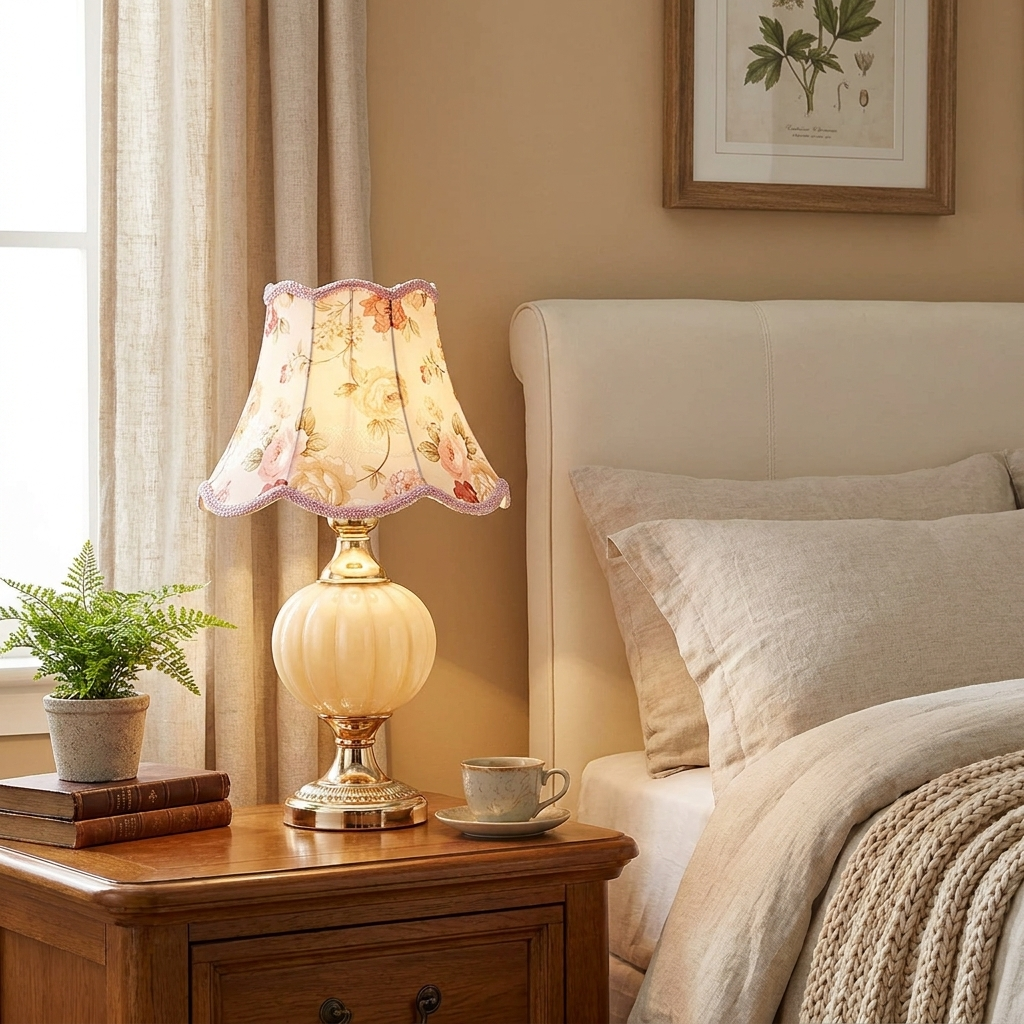 Nordic Vintage Floral Glass Fabric 1-Light Table Lamp