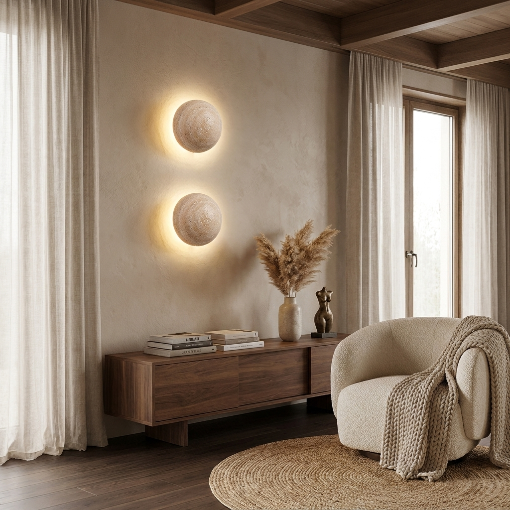 Traditional Japanese Round Yellow Travertine Wabi-Sabi LED Wall Sconce Lamp