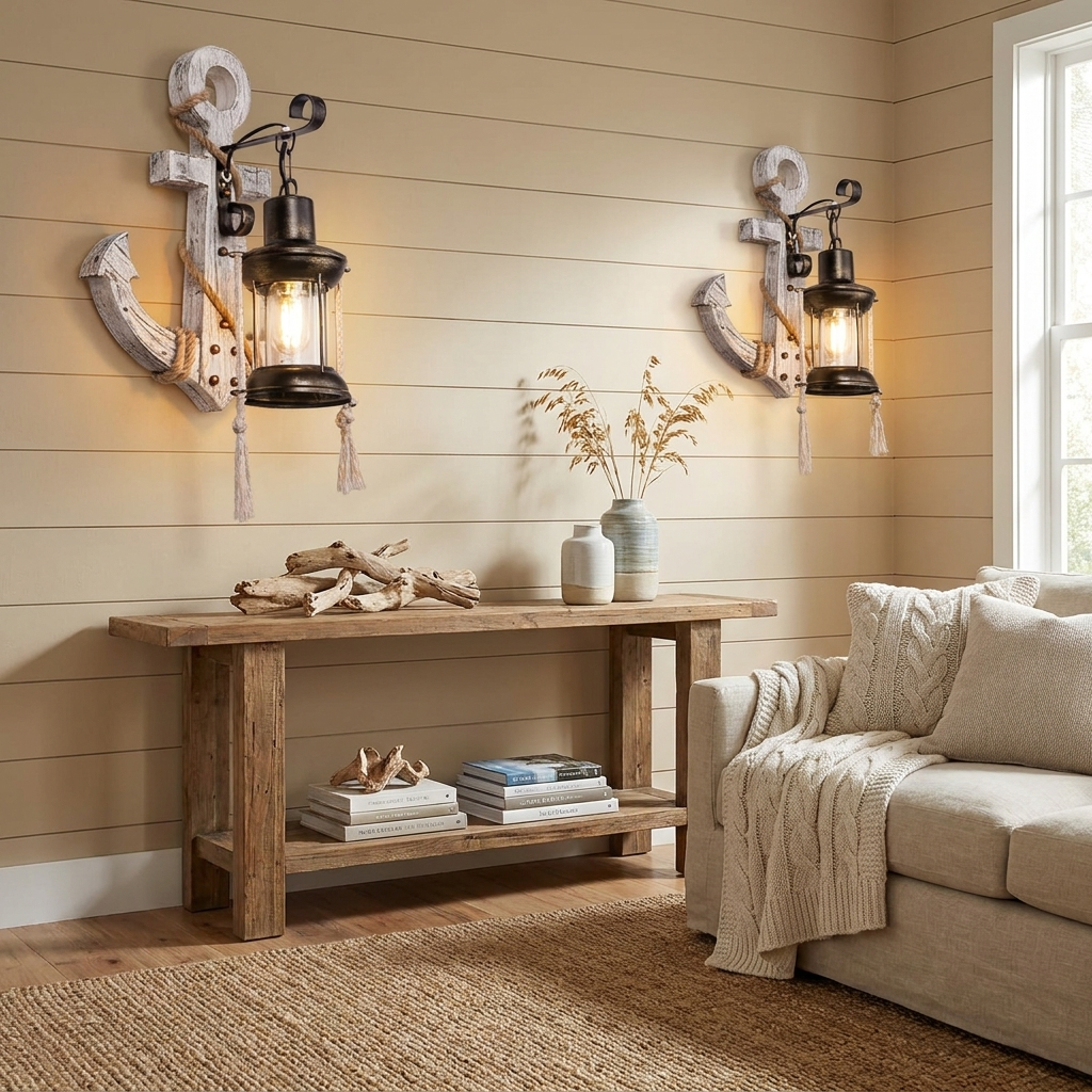 Industrial Vintage Boat Anchor Solid Wooden 1-Light Wall Sconce Lamp